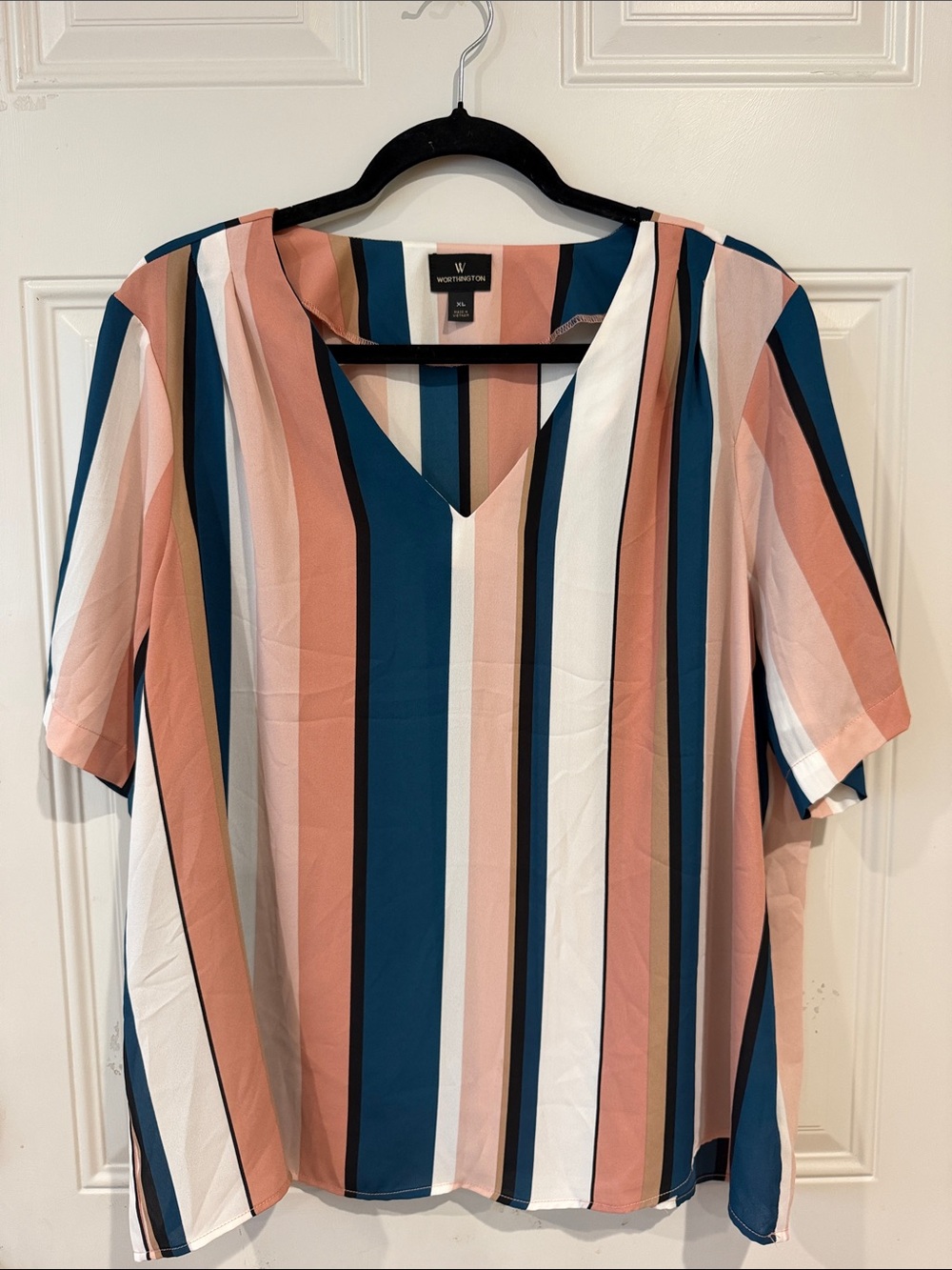 Worthington Vertical Stripe V-Neck Short Sleeve Top - Teal, Blush & White